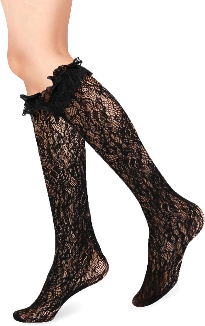 Benefeet Sox Lace Fishnet Knee High Socks Women Girls Ruffle Mesh Knee Highs Lolita Socks Fishnet Stockings - Image 1